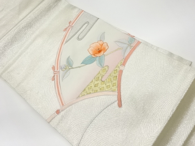 リサイクル　波・蛇籠に椿模様刺繍名古屋帯